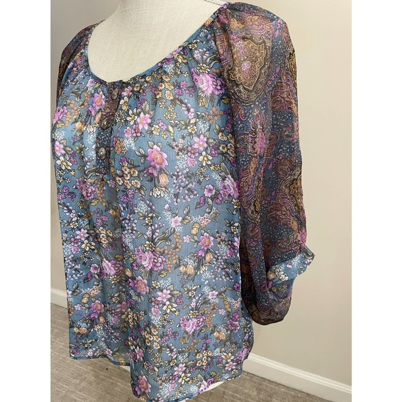 Copper Key Sheer Blouse Blue Purple Floral Flowy Shirt Sz M Kimono Sleeve - Picture 4 of 12